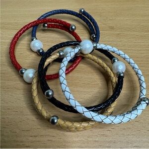 Set of 5 Braided Leather Bracelets with Pearls